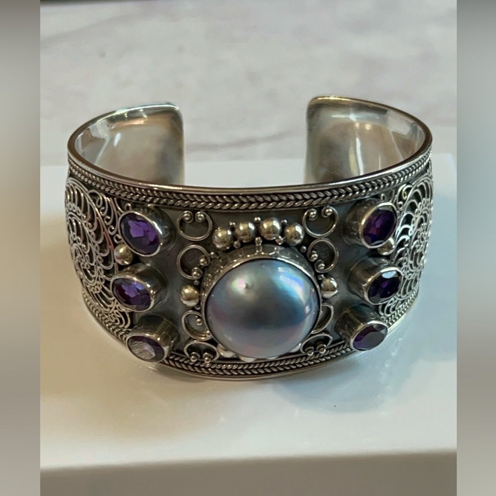 Vintage Style Sterling Silver Cuff Bracelet with Pearl and Amethyst Accents